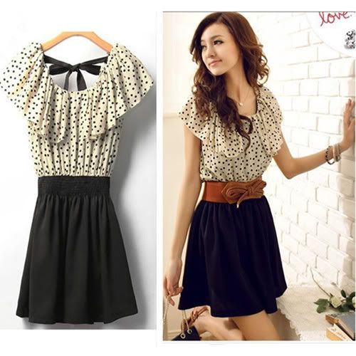 Fashion-Japan-Korean-Women-Summer-Fashion-Short-sleeve-Dot-Polka-Waist-Dress-Top