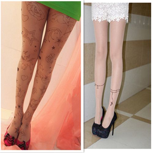 Sexy Women Gun Cat Tattoo Pattern Transparent Pantyhose Stockings Tights Legging - eBay