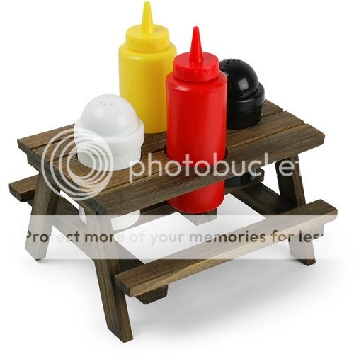Picnic Table BBQ Condiment Mini Set Mustard Ketchup Salt Pepper Shakers Bottles