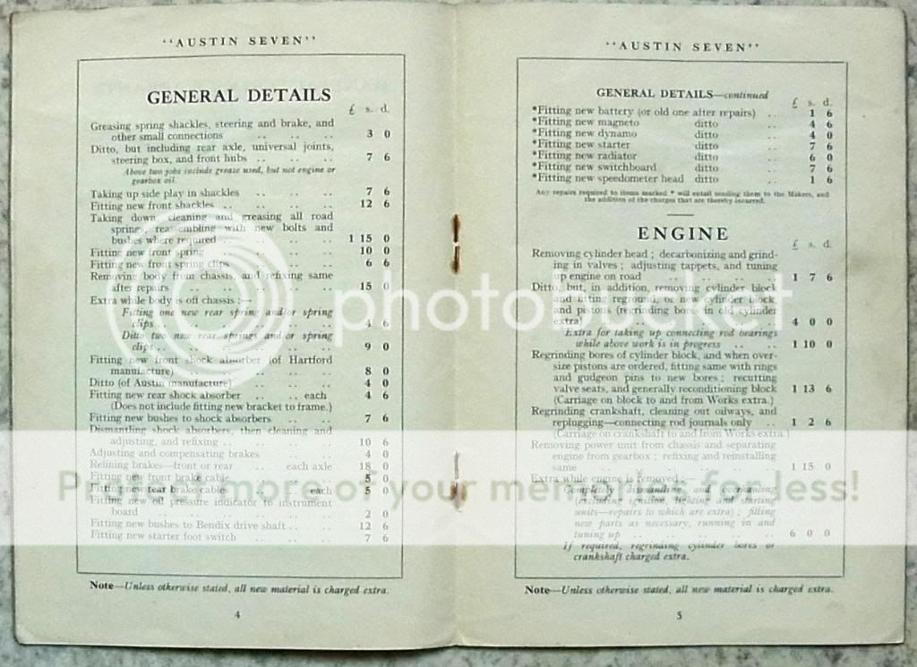 AUSTIN SEVEN Schedule of Charges for Repairs Handbook NO DATE #540a 