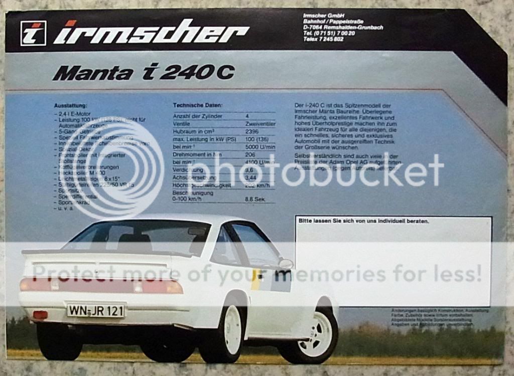 IRMSCHER OPEL MANTA Sales Brochure c1981 GERMAN TEXT  