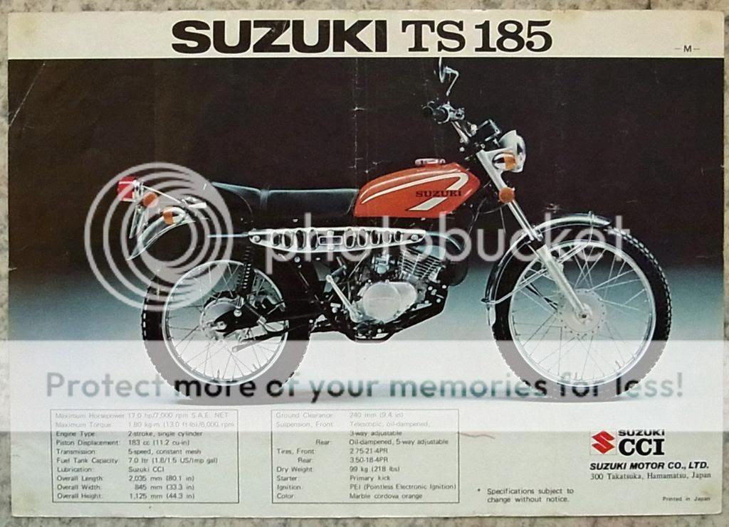 SUZUKI TS125 M & TS185 M MOTORCYCLES Sales Specification Sheet c1975 