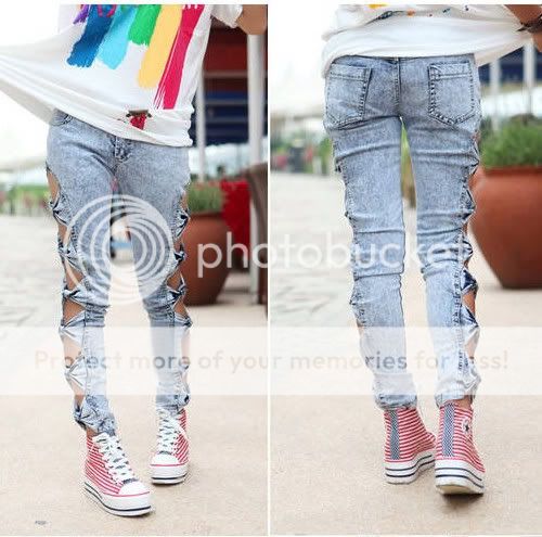 Vintage Detailed Woman Side Bow Cutout Ripped Denim Sexy Jeans 